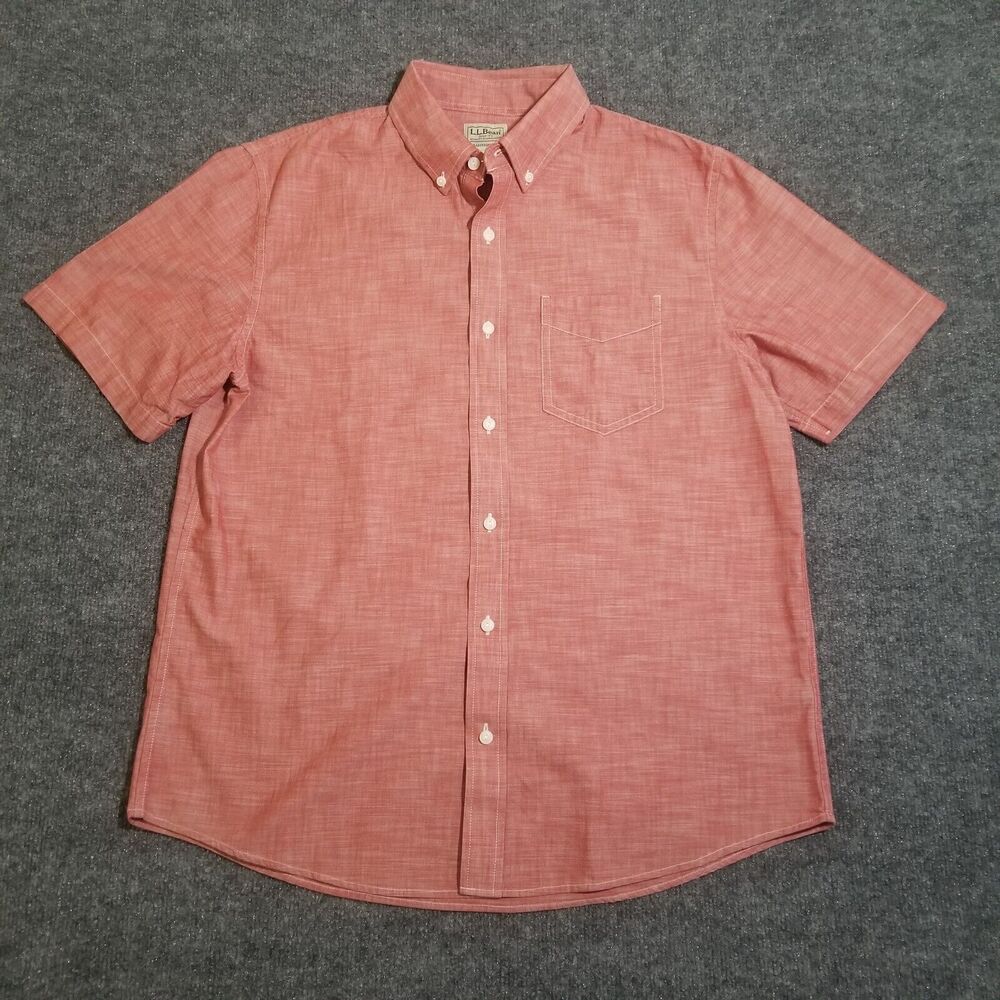 LL Bean Men’s Traditional Fit Red Chambray SS Button-Front Shirt Size Med-REG